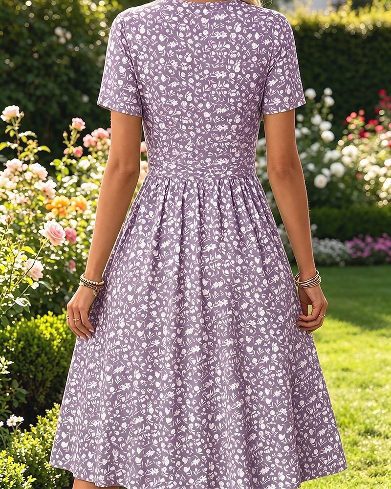 V-Neck Short SleeveTiny Floral Dress