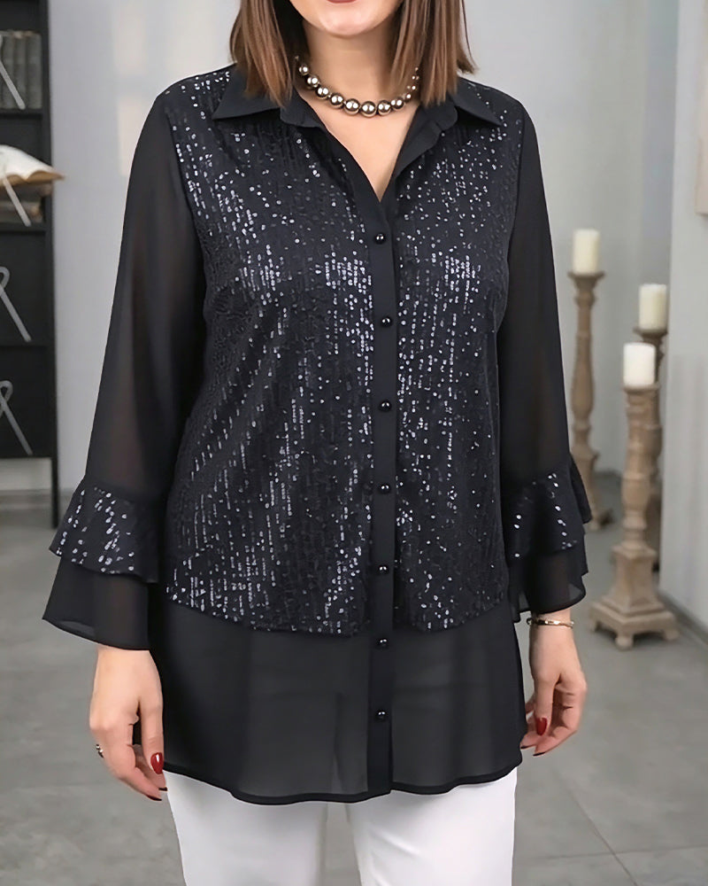 Lapel Buttoned Ruffle See-Through Top
