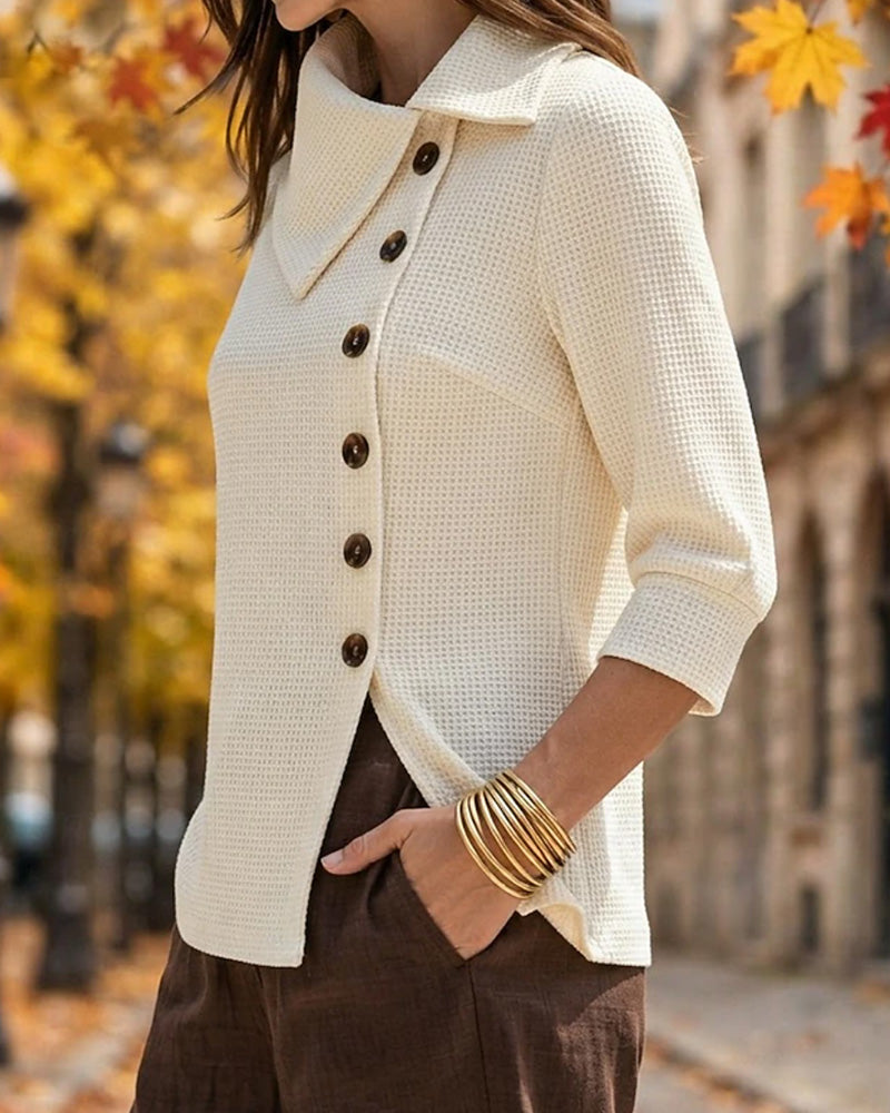 Waffle Spread-Collar Button-Up Top