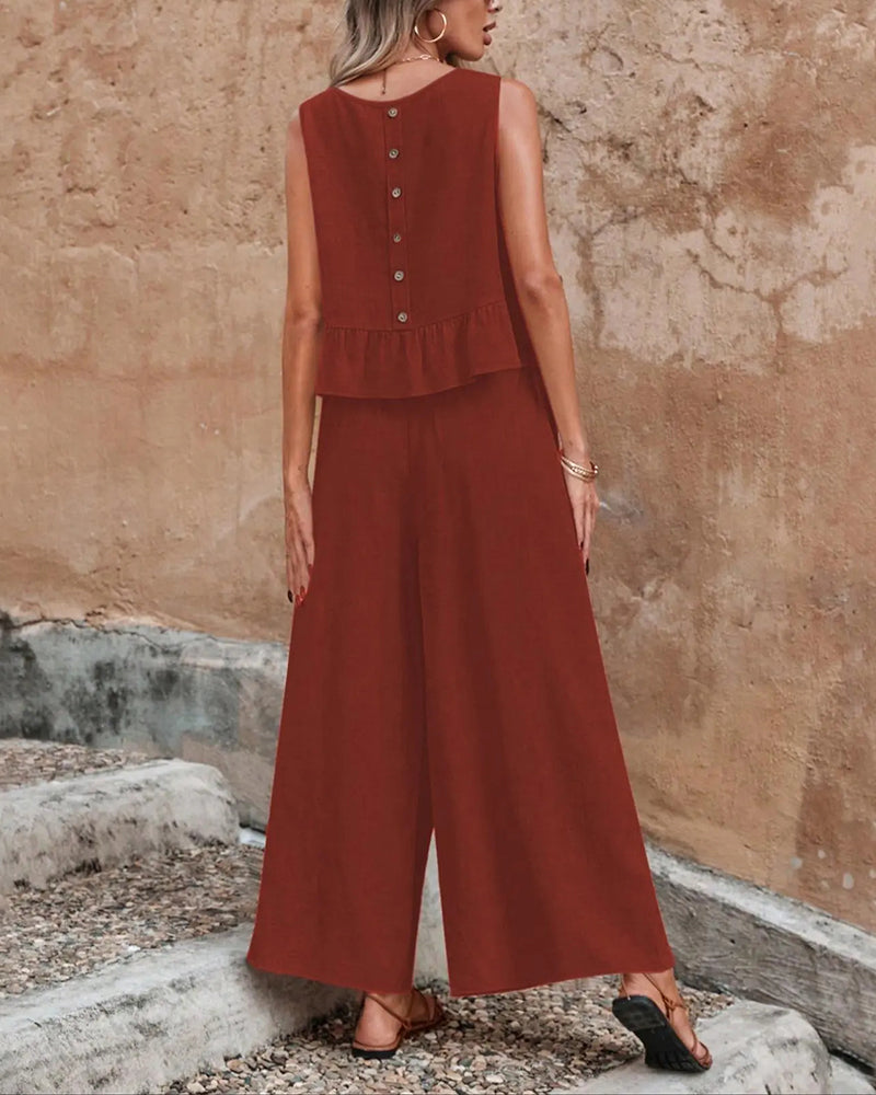 Sleeveless Round Neck Ruffle Wide Leg Set