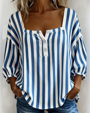 Striped Square Neck Bubble Sleeve Blouse