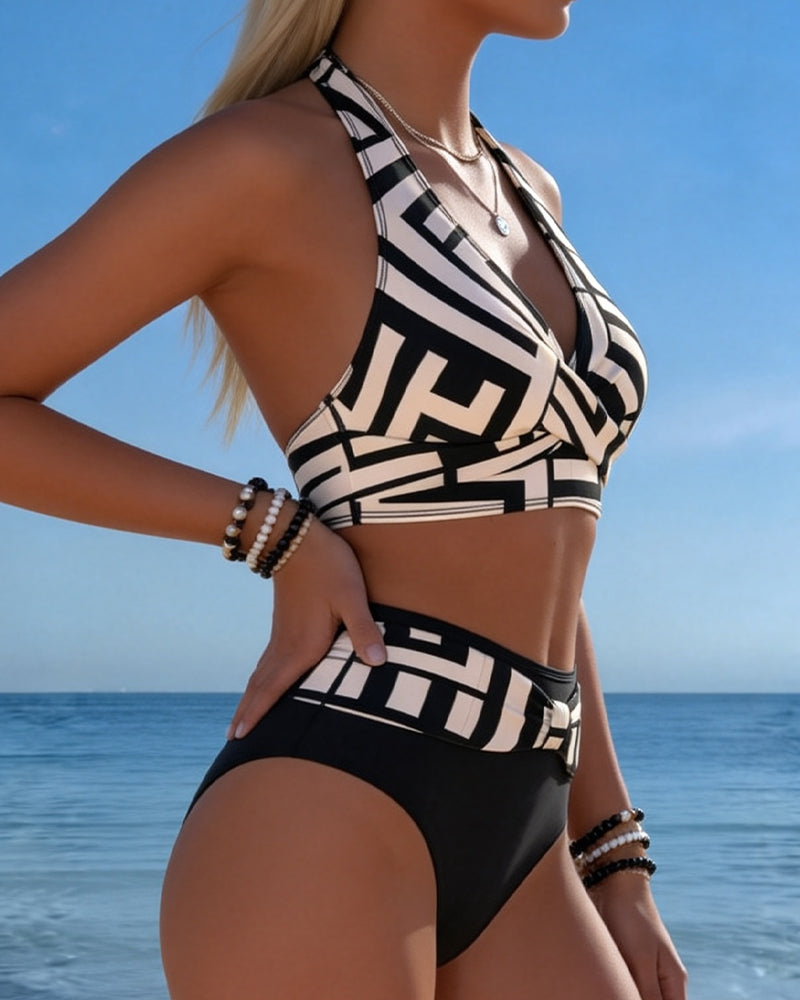 Geometric Print High-Waist Bikini
