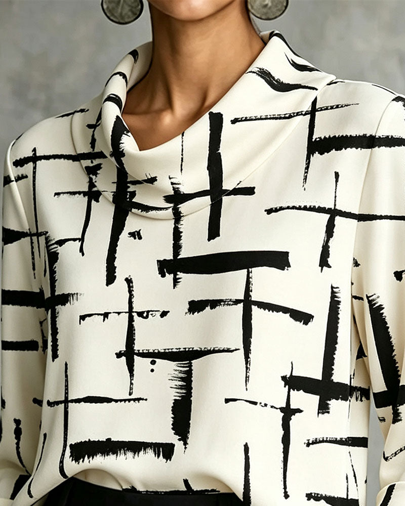 Mock Cowl Neck Cross Pattern Blouse