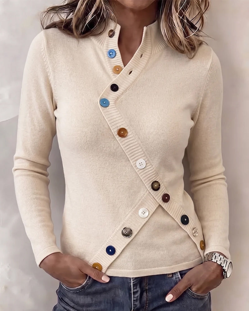 Mandarin Collar Color Block Asymmetrical Button Pullover