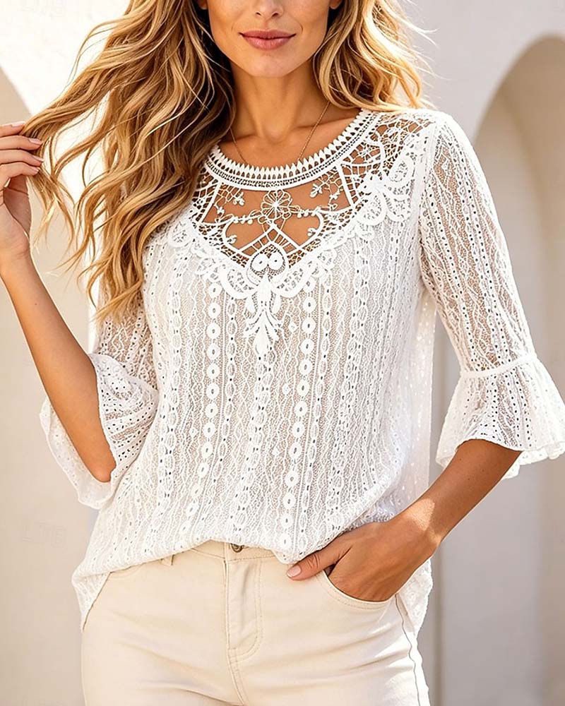 Crew Neck Hollow Out Lace Patchwork Blouse