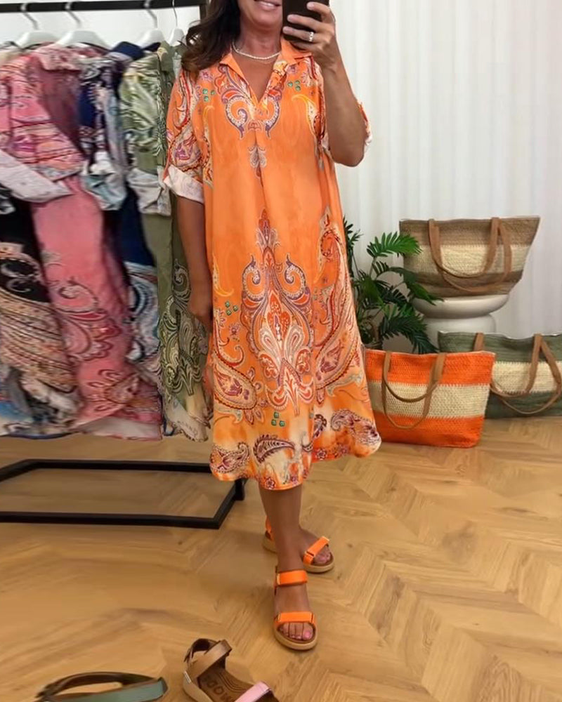 Retro Lapel Print Dress