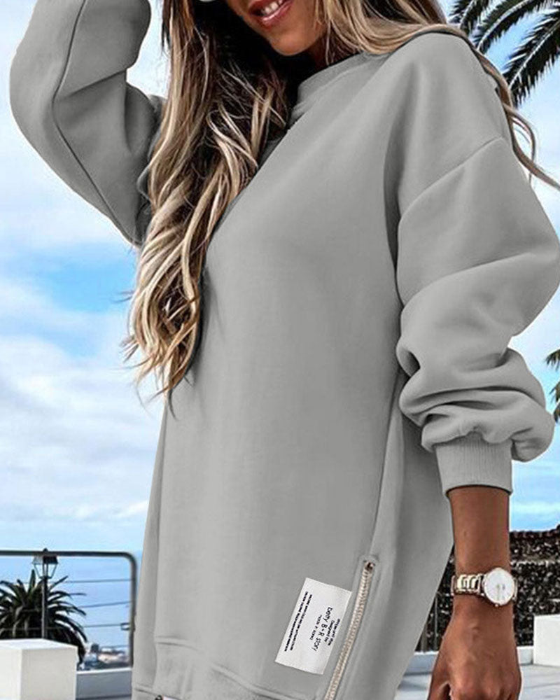 Long Sleeve Pullover Zipper Slit Casual Sweatshirt Dress
