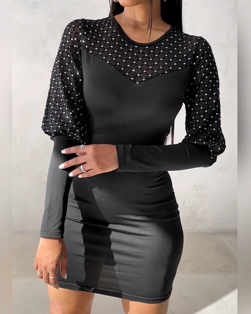 Solid Color Mesh Long-Sleeved Dress
