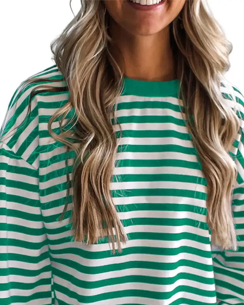 Crew Neck Drop Shoulder Stripe Cutout Blouse