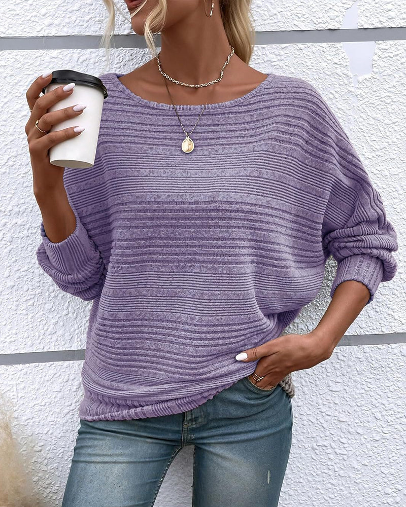 Solid Color Round Neck Long Sleeve Striped Top