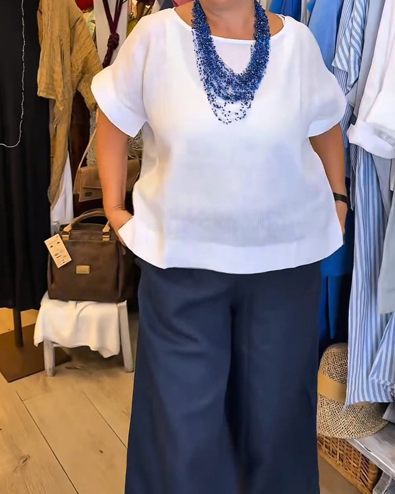 Crew Neck Solid Shift Casual Blouse