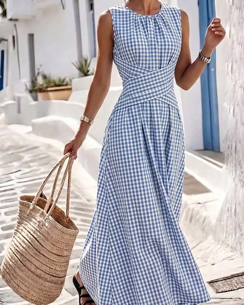 Crew Neck Cross Ruched Plaid Dress