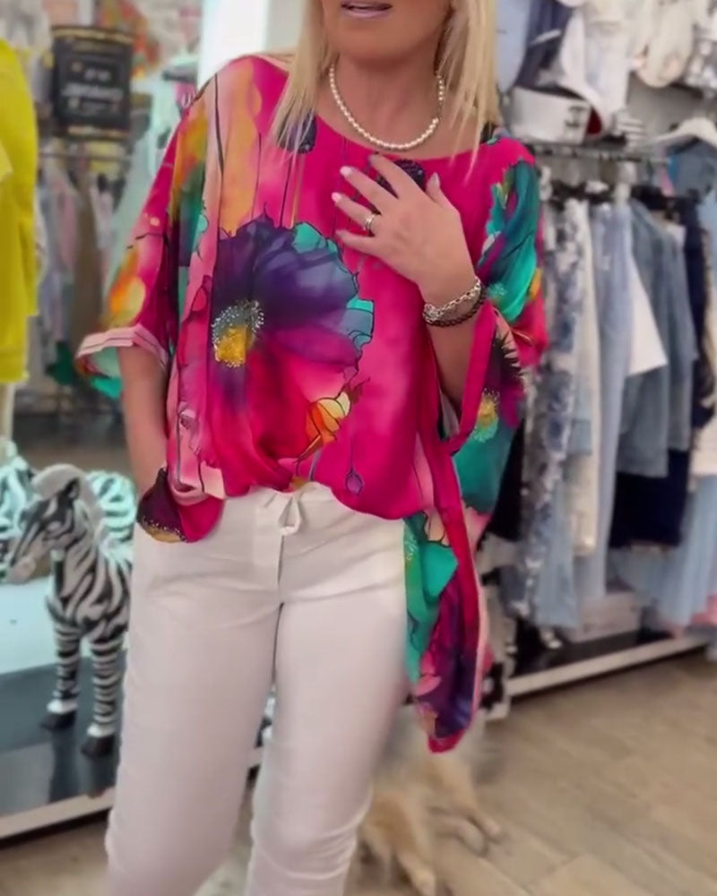Batwing Sleeve Half Sleeve Print Blouse