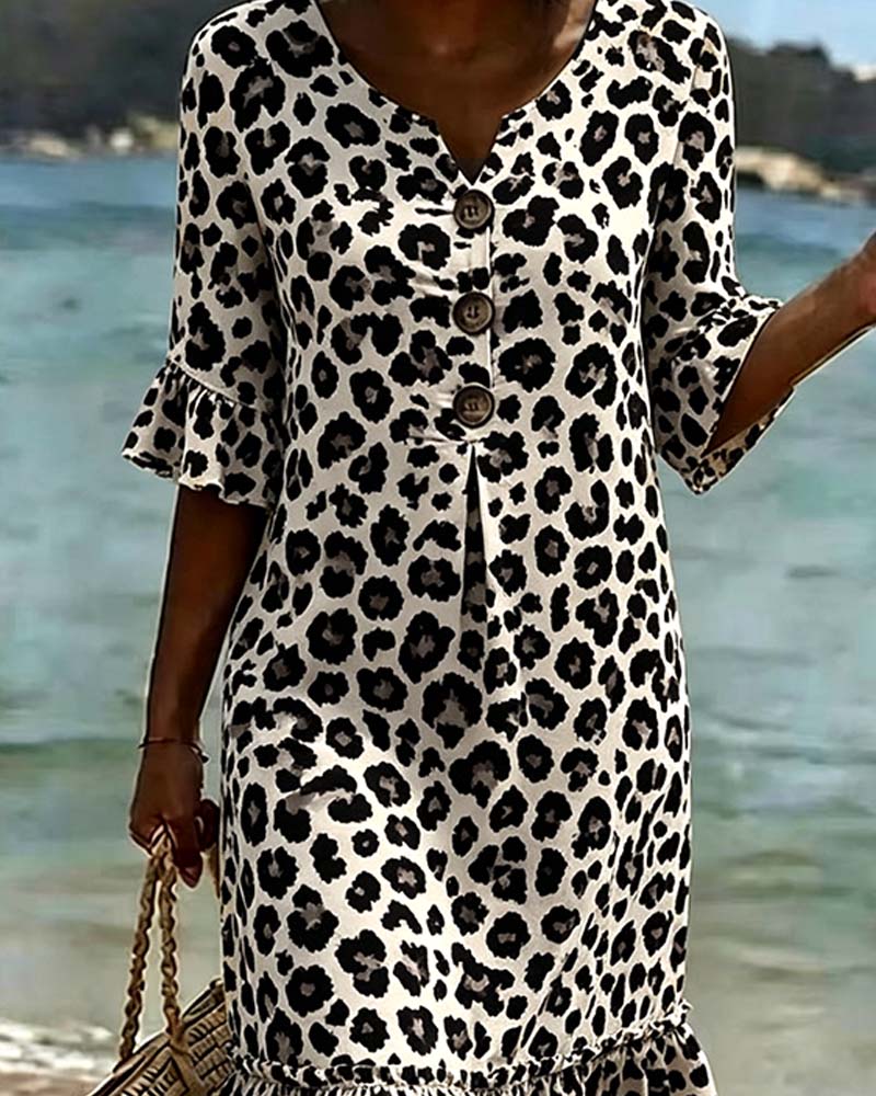 Leopard Print V-Neck Ruffled Dress