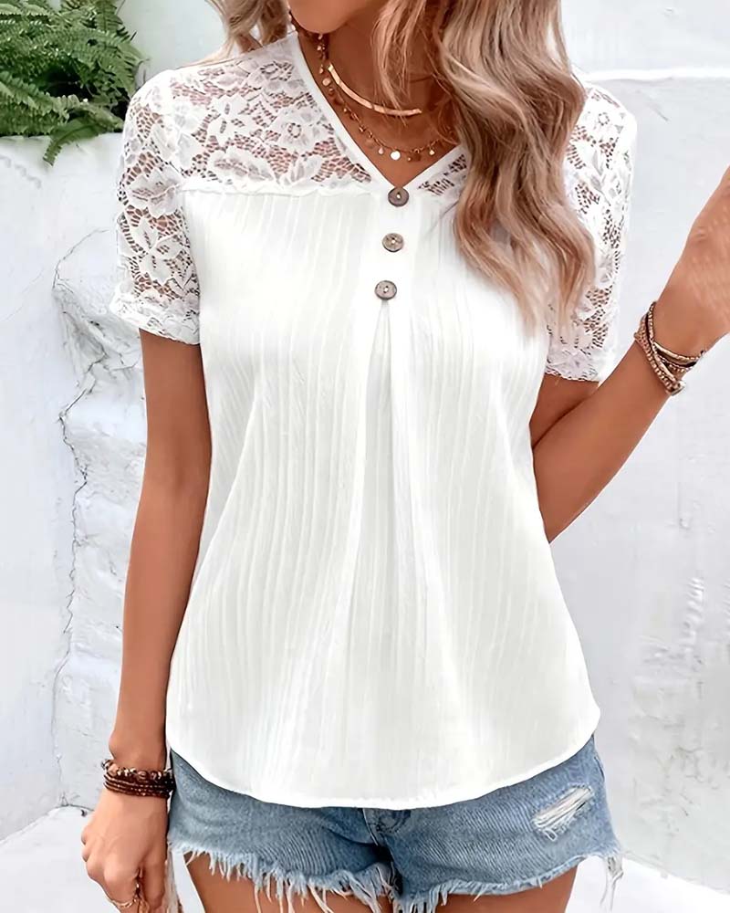 V-Neck Solid Color Lace Stitching Blouse
