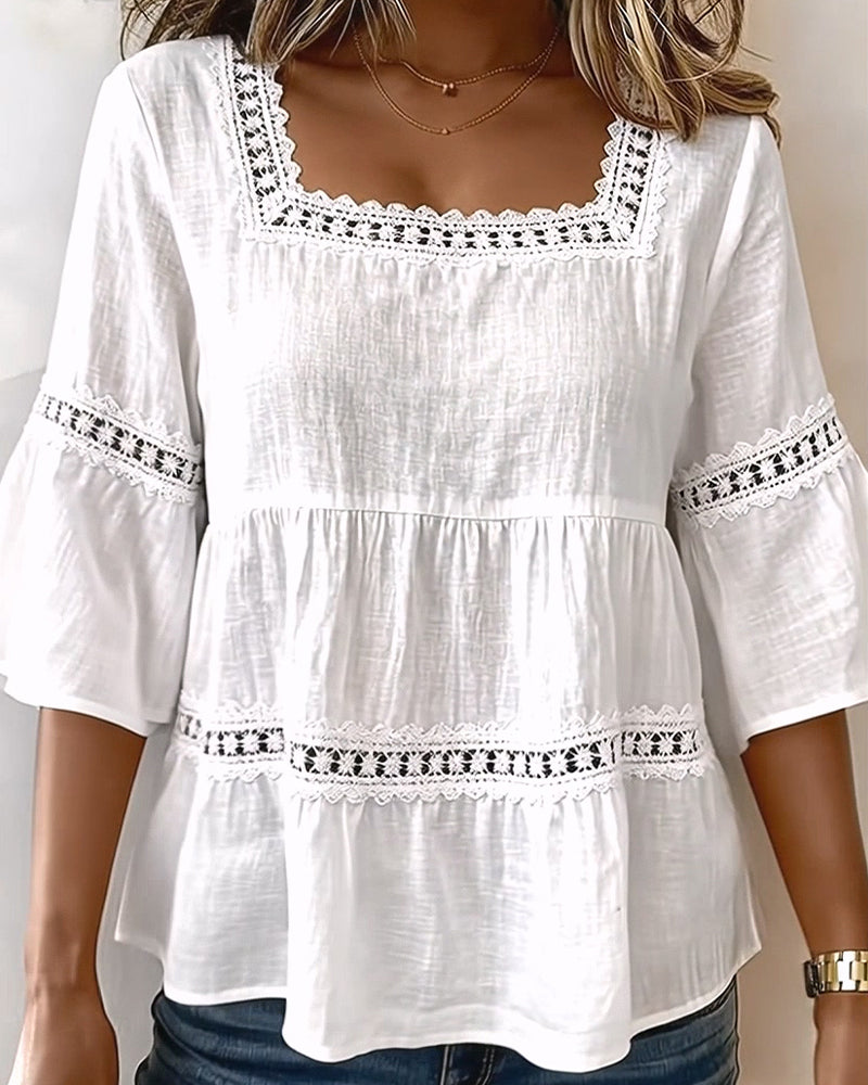 Short-Sleeve Lace-Paneled Square-Neck Blouse