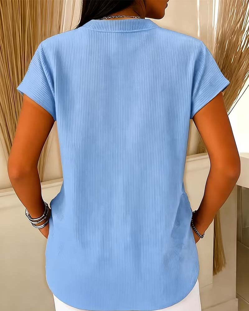 Solid Short Sleeve Zip Blouse