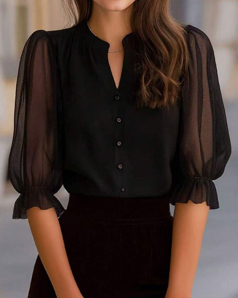 V-Neck Button Solid Blouse