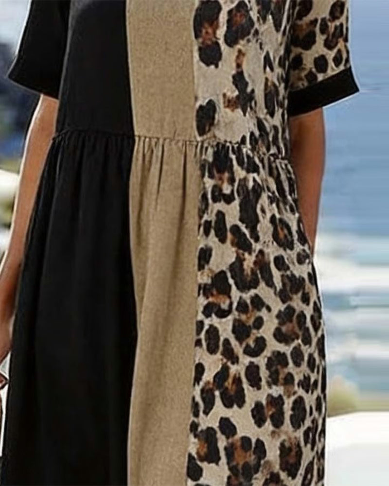 Leopard Print Patchwork Short Sleeve Dress
