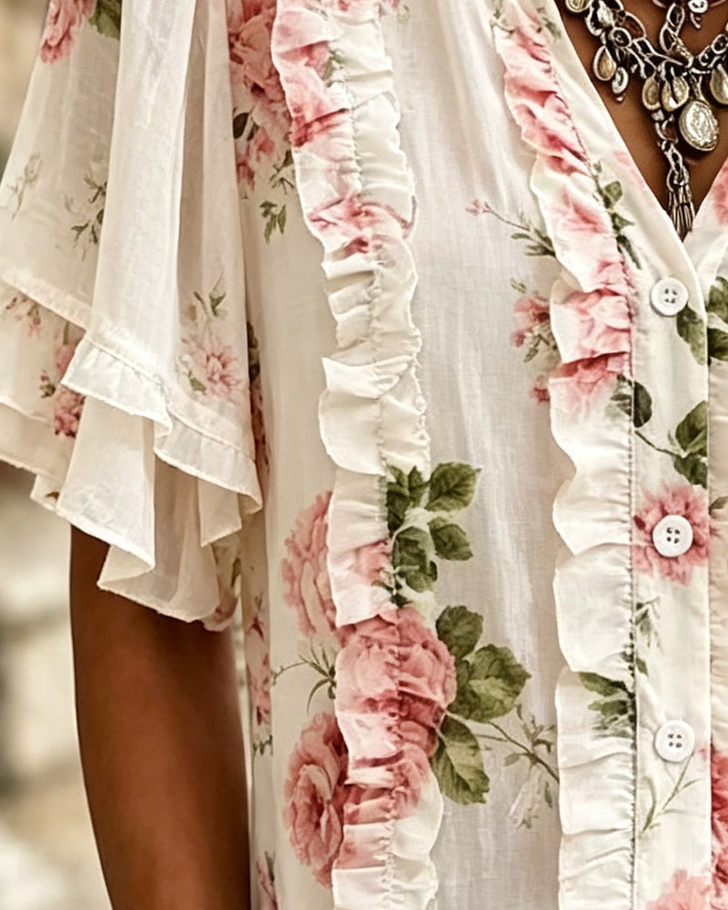Floral Ruffle Double-Layered Hem Blouse