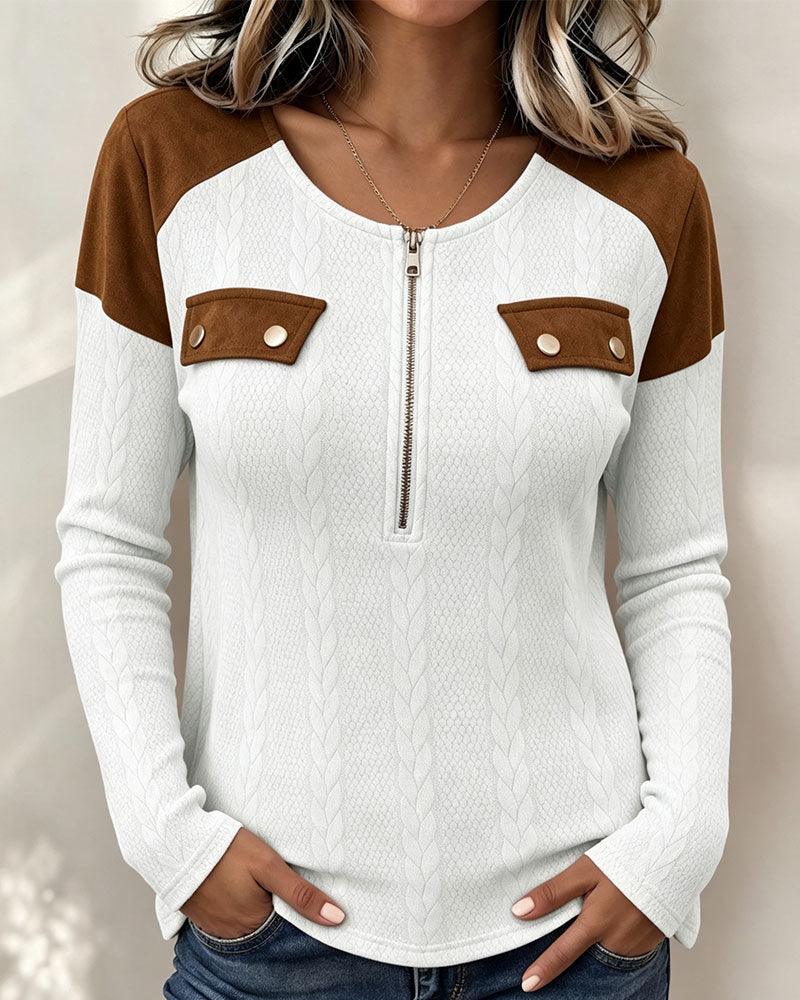 Crew Neck Zip Color-Block Top