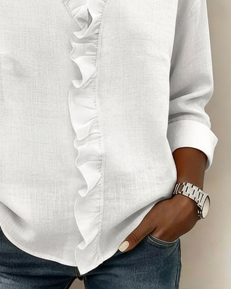Ruffle V-Neck Long-Sleeve Blouse
