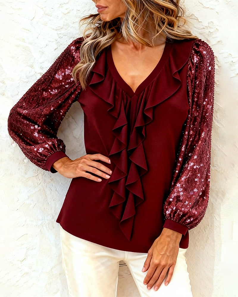 Ruffled V-Neck Sequined Long-Sleeved Top