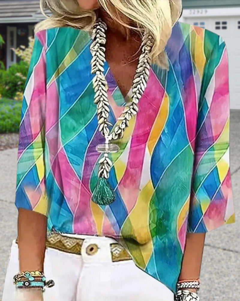 V-Neck Contrast Color Blouse