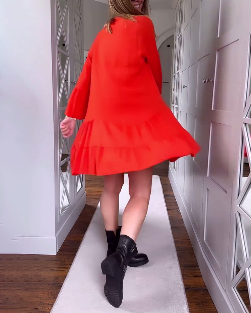 Solid color V-neck flared long-sleeve patchwork dress