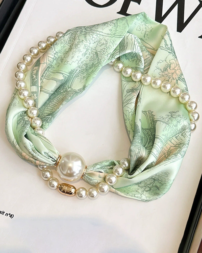 Long Pearl-Embellished Silk Necklace