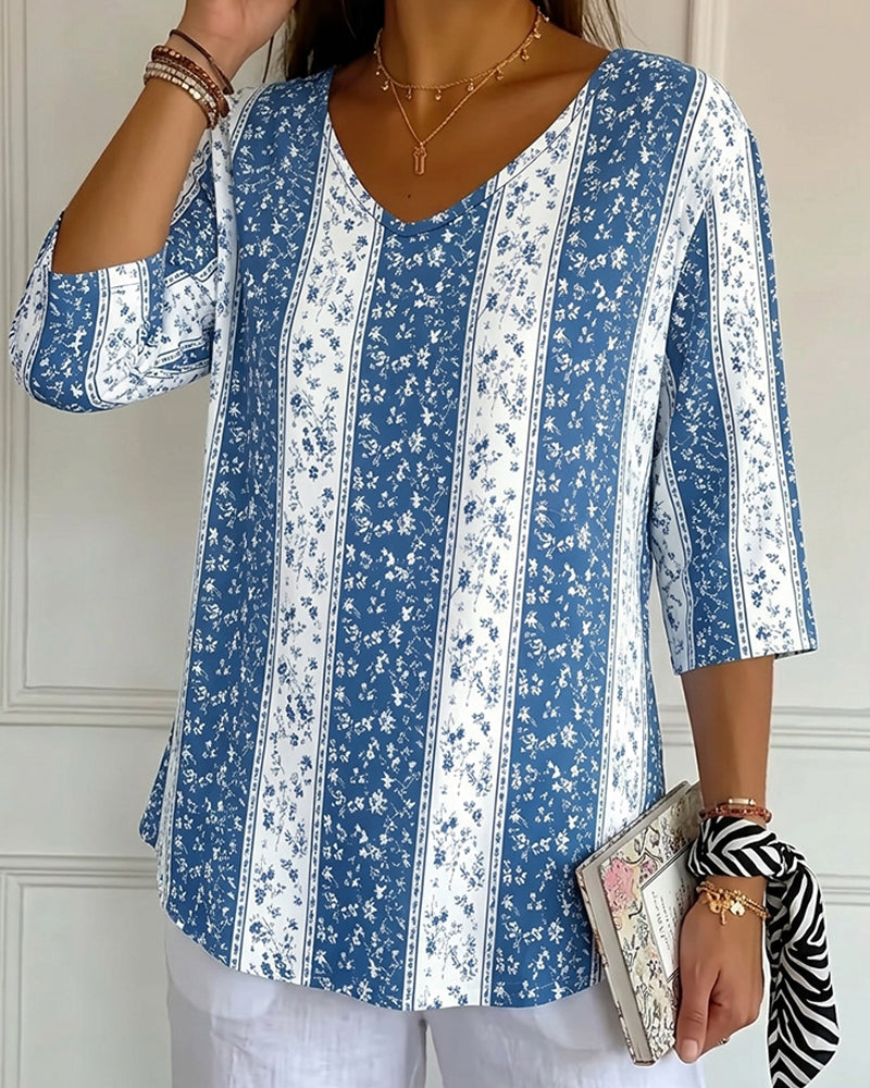 V-Neck Three-Quarter Sleeve Print Casual T-Shirts