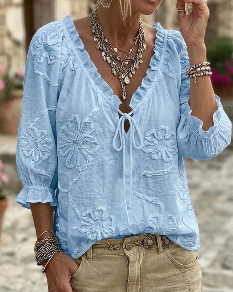 100% Cotton V-Neck Wrap Tie Ruffled Blouse