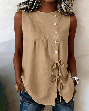Drawstring Sleeveless Button Blouse