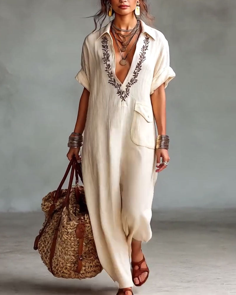 Deep V-Neck Embroidered Casual Long Dress