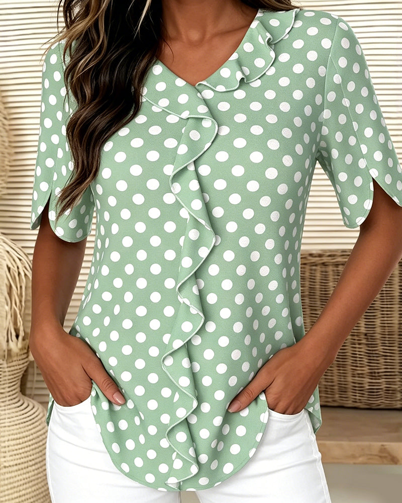 Polka Dot Ruffle V-Neck Blouse