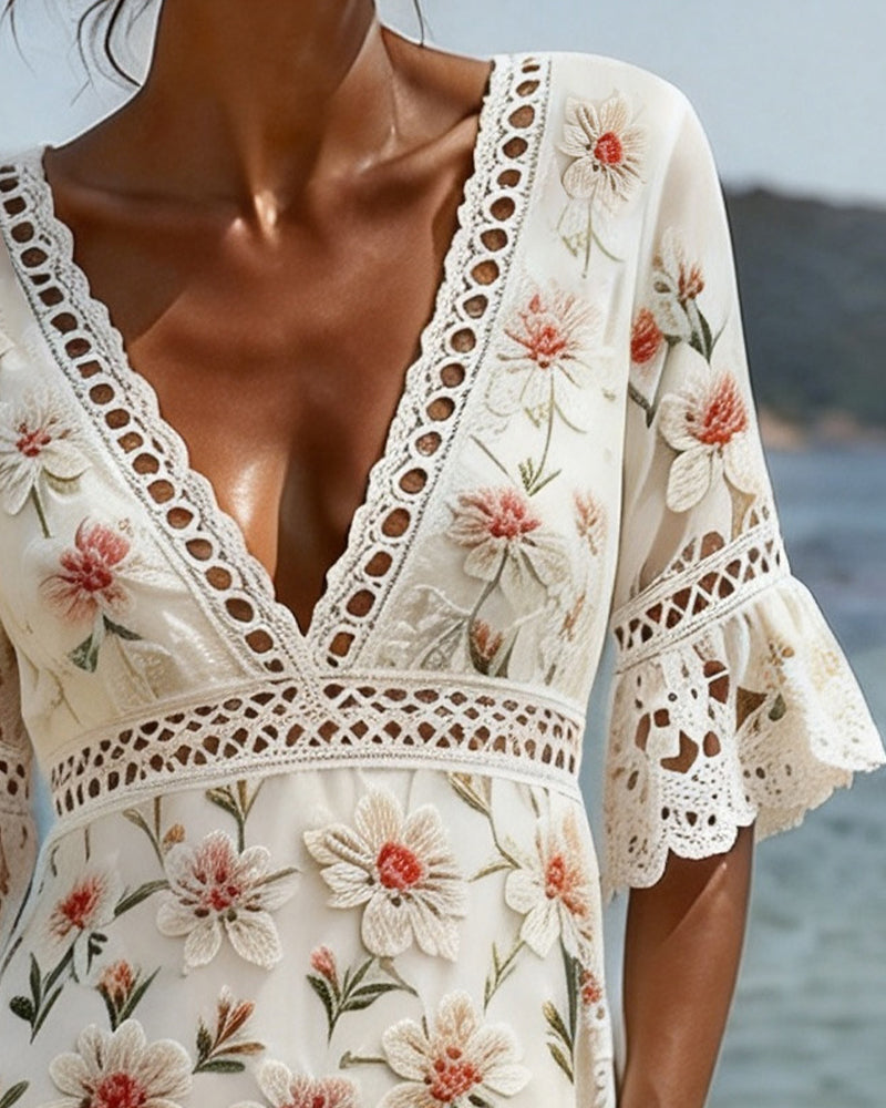 Hollow Out Patchwork V-Neck Floral Dress