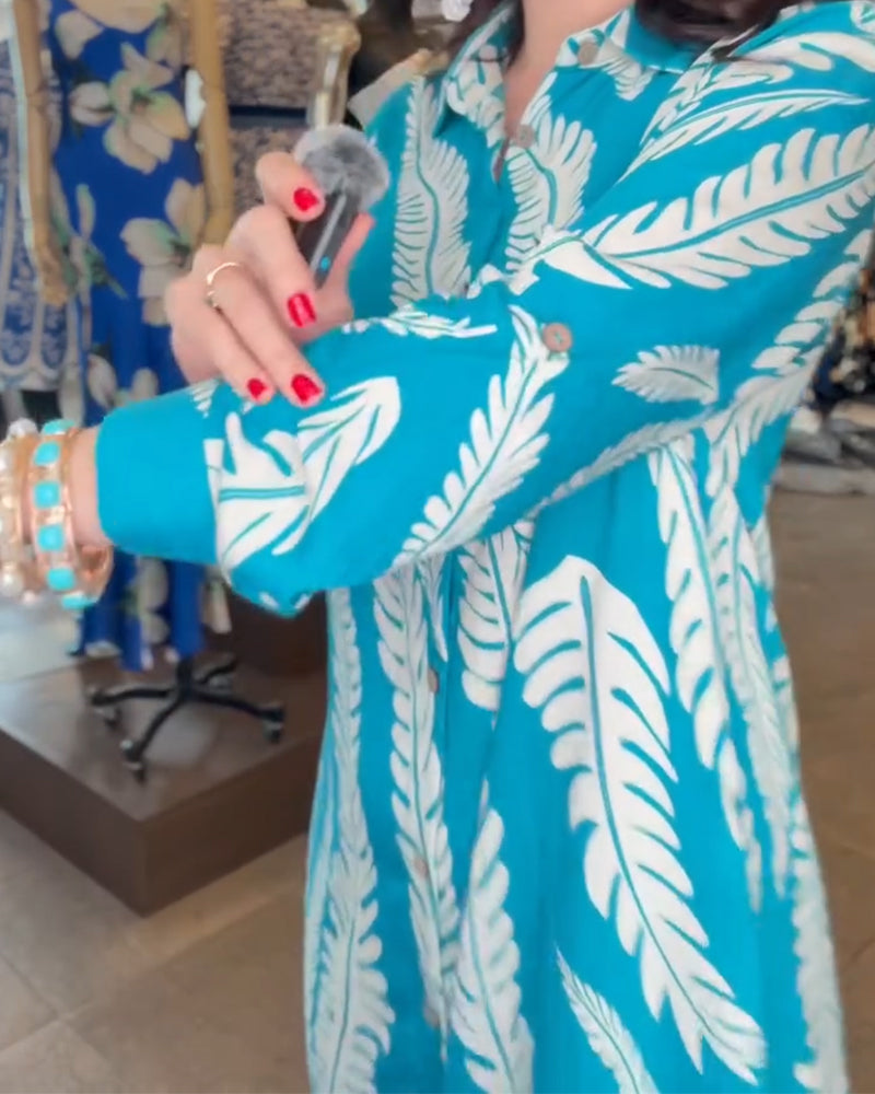 Collared Leaf Print Shirt Dress