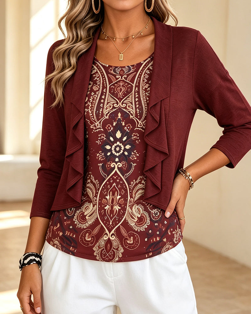 Mock Two-Piece Ruffle Print Blouse