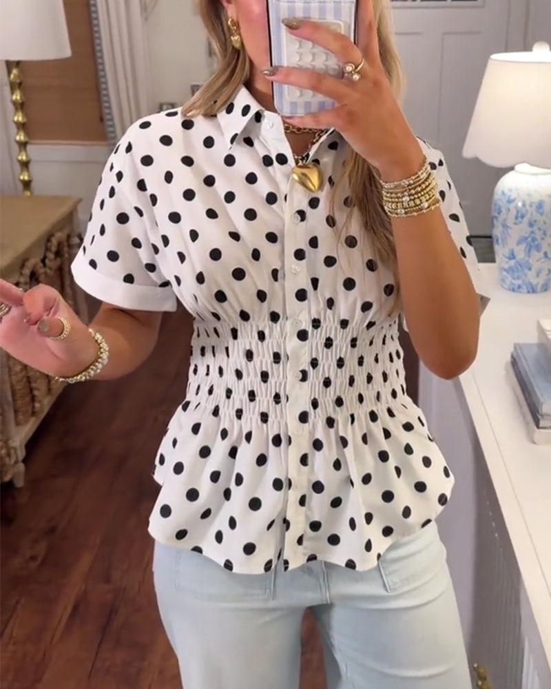 Notched Collar Polka Dot Cinched Waist Blouse
