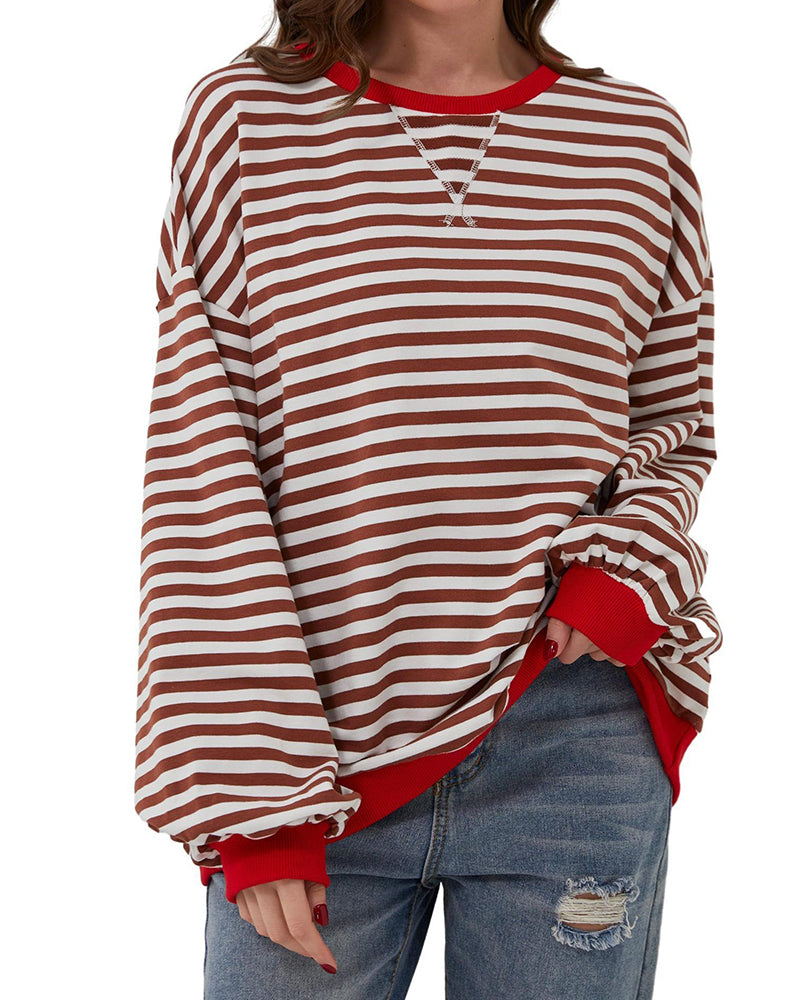 Striped Round Neck Color Block T-Shirt