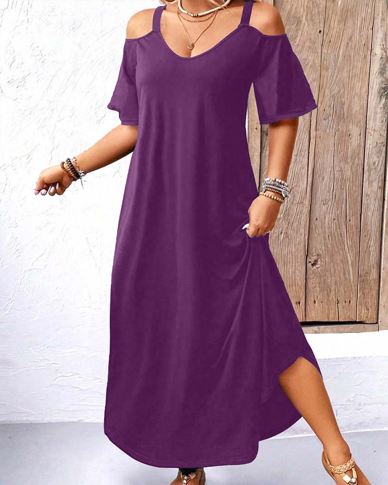 Solid V-Neck Off-Shoulder Long Dress