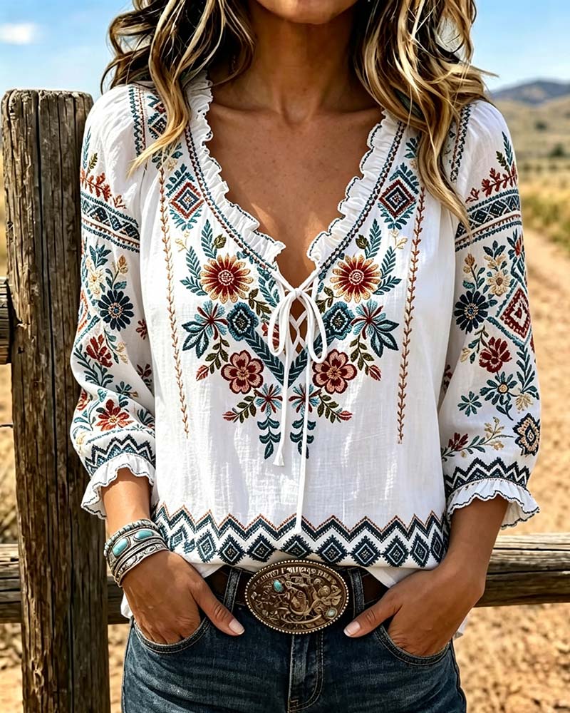 V-Neck Bohemian Ruffle Blouse