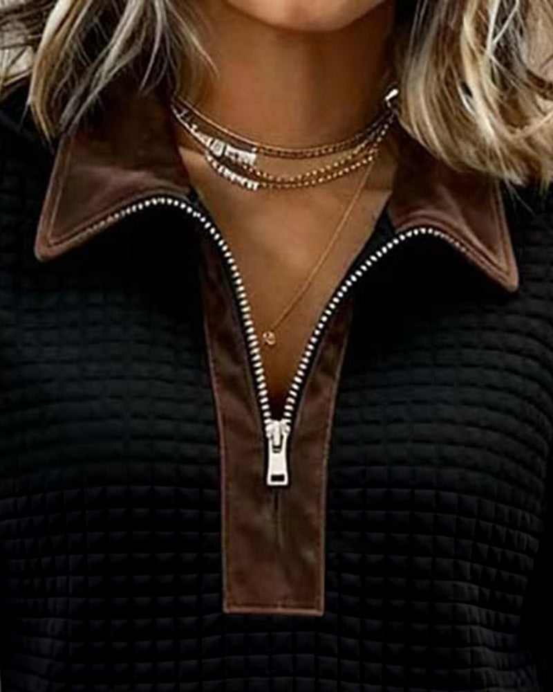 Lapel Zipper Pocket Color Block Sweatshirt