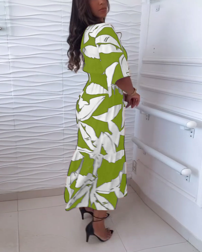 Aumora V-neck three-quarter sleeve drawstring elegant dress