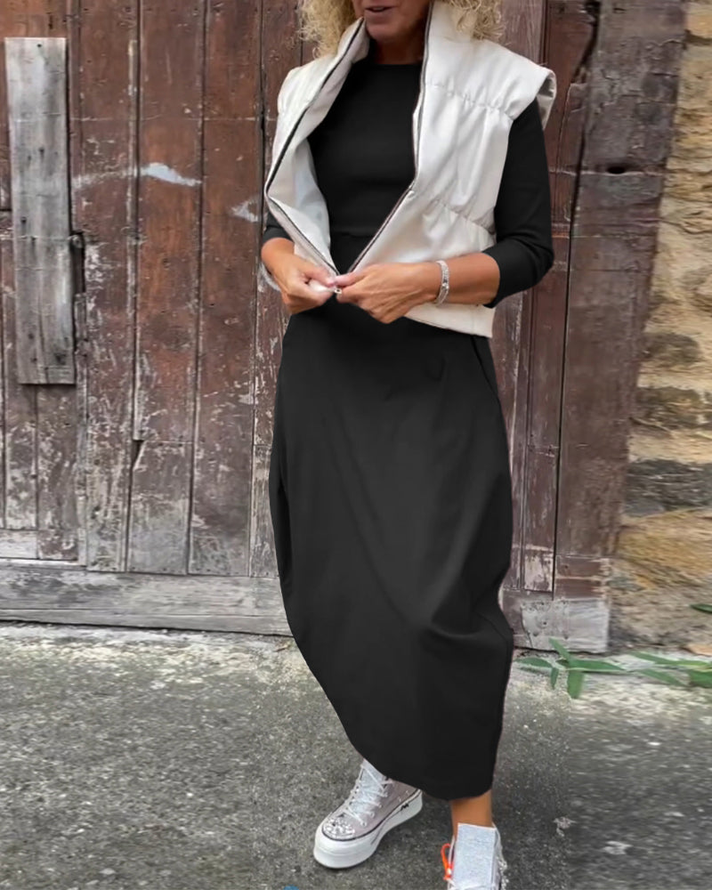 Simple solid color pocket long sleeve elegant dress