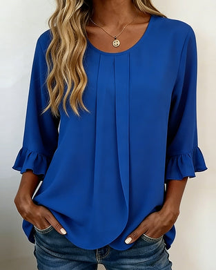 Crew Neck Pleated Ruffle Three-Quarter Sleeve Blouse