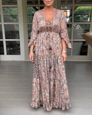 V-neck printed ruffled sleeve dress