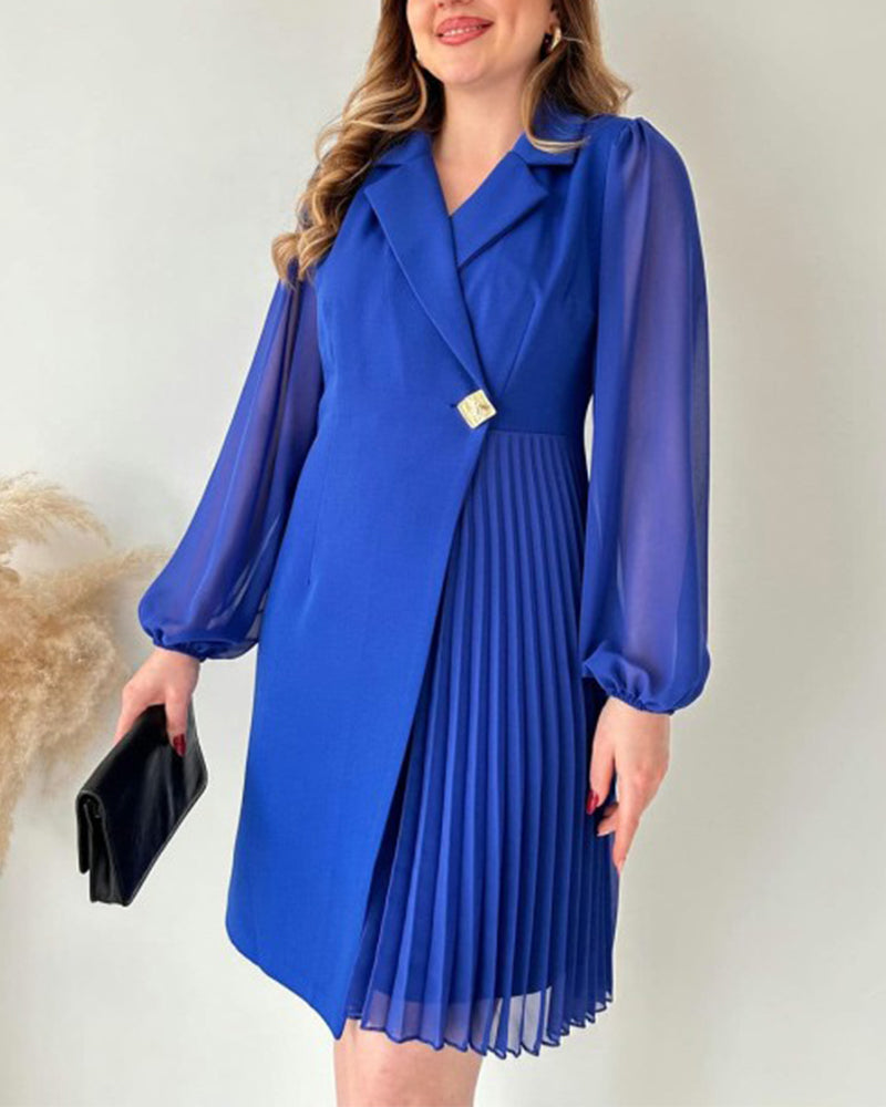 Pleated lapel long-sleeved dress