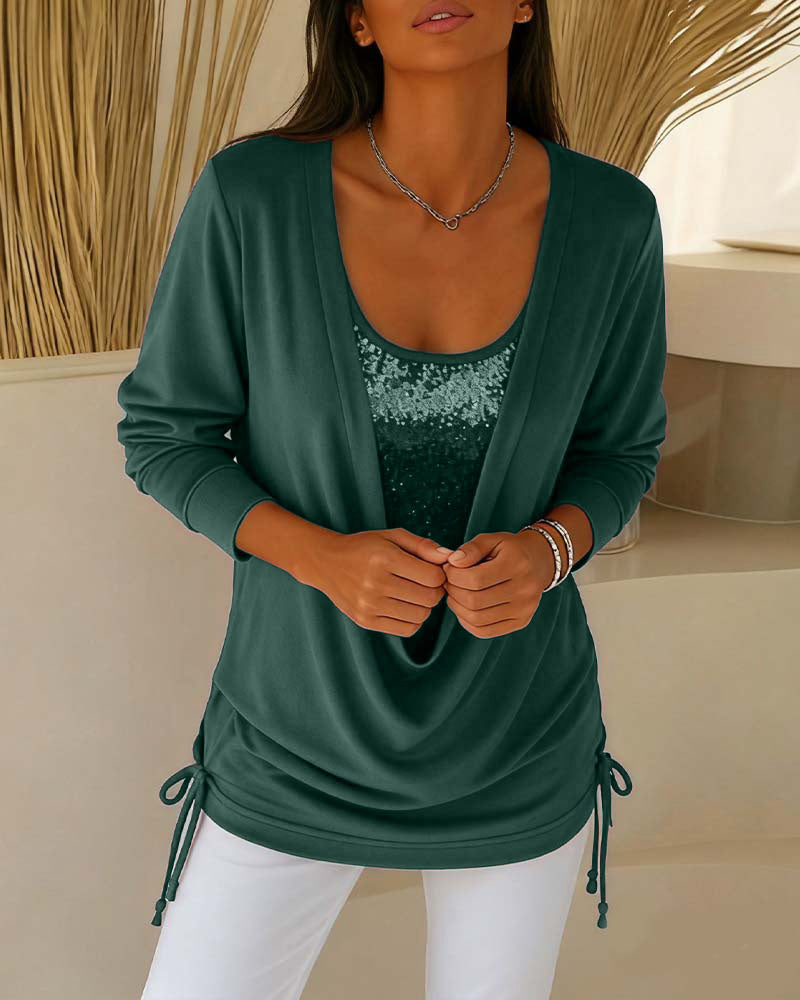 Sequin Contrast Color Faux Two-Piece Top
