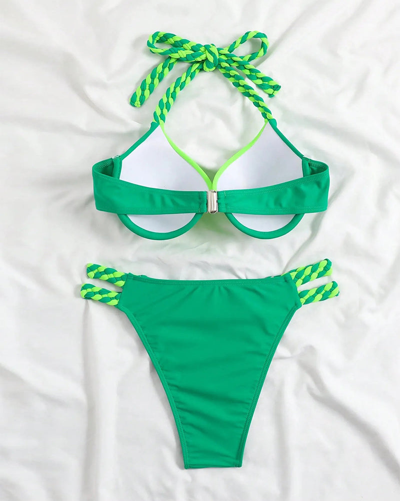 Colorblock halterneck bikini set